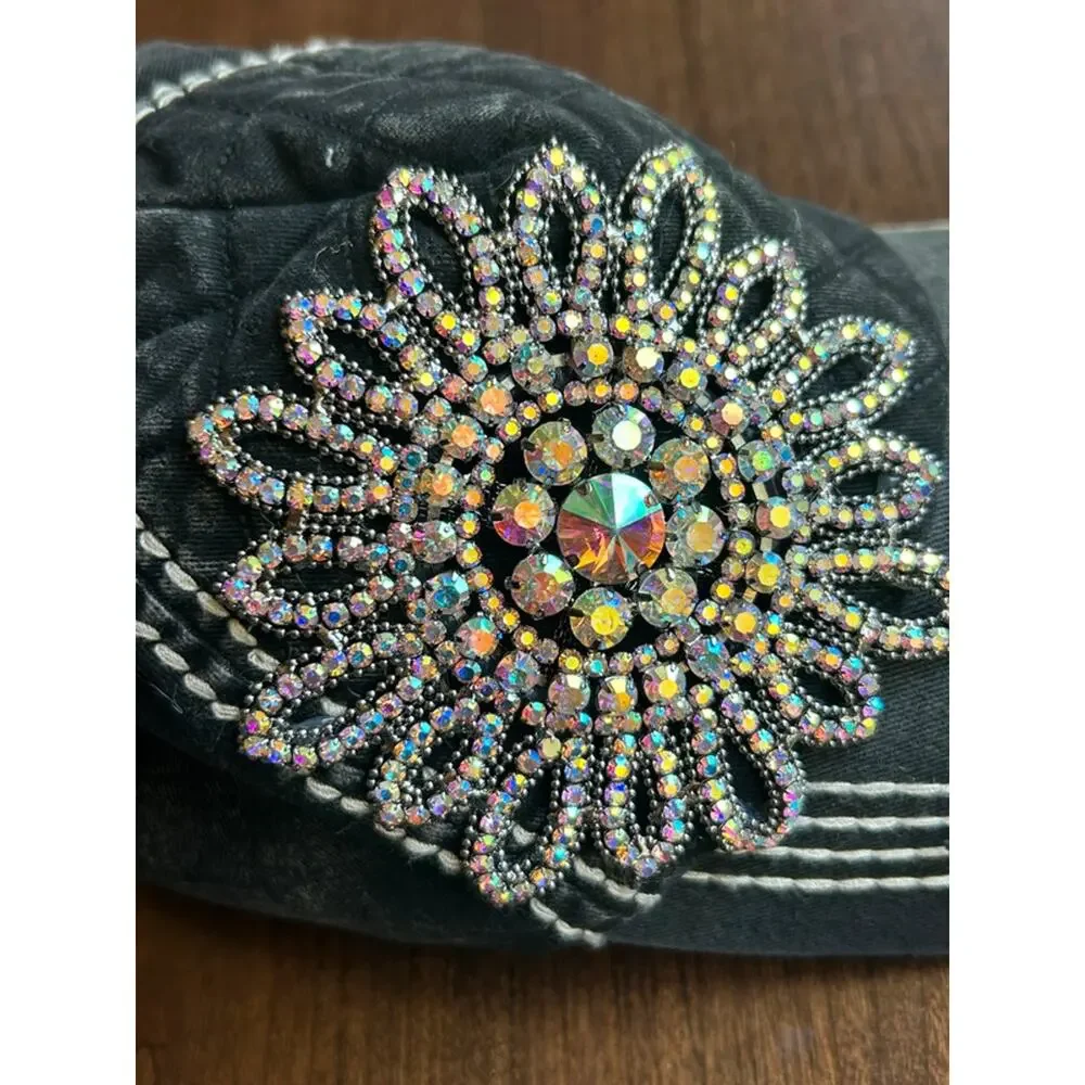 Olive & Pique quilted baseball cap featuring an iridescent rhinestone flower
